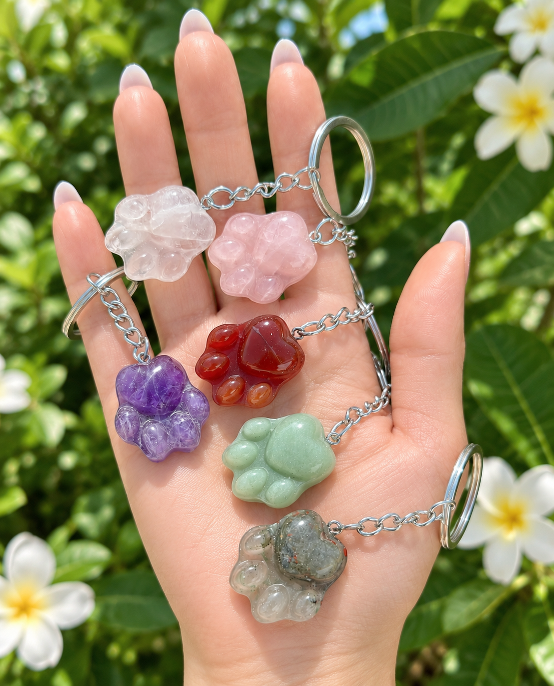12 PCs Natural Mixed Crystals Dog Paw Print Keychain