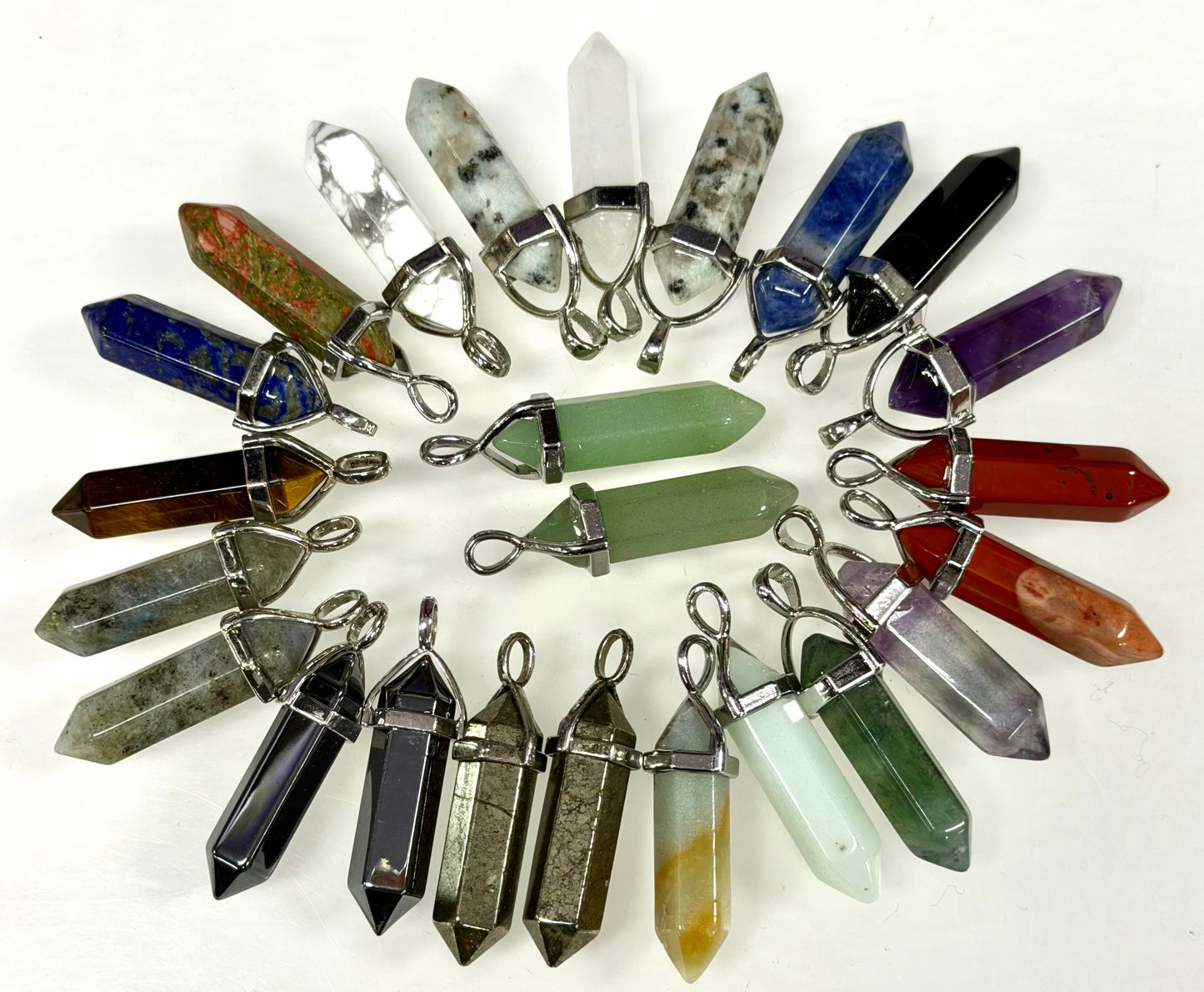 Wholesale Lot 24 Pcs Natural Crystal Point Pendant – Mixed Stones – Rhodium Plated