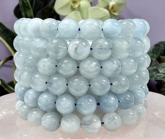 Wholesale 6 Pcs 9mm Aquamarine Natural Crystal Healing Stretch Bracelet 7.5”