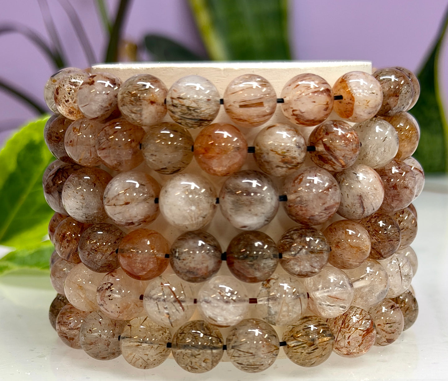 6 PCs 10-11.5mm Natural Rutilated Quartz Crystal Stretch Bracelet 8”
