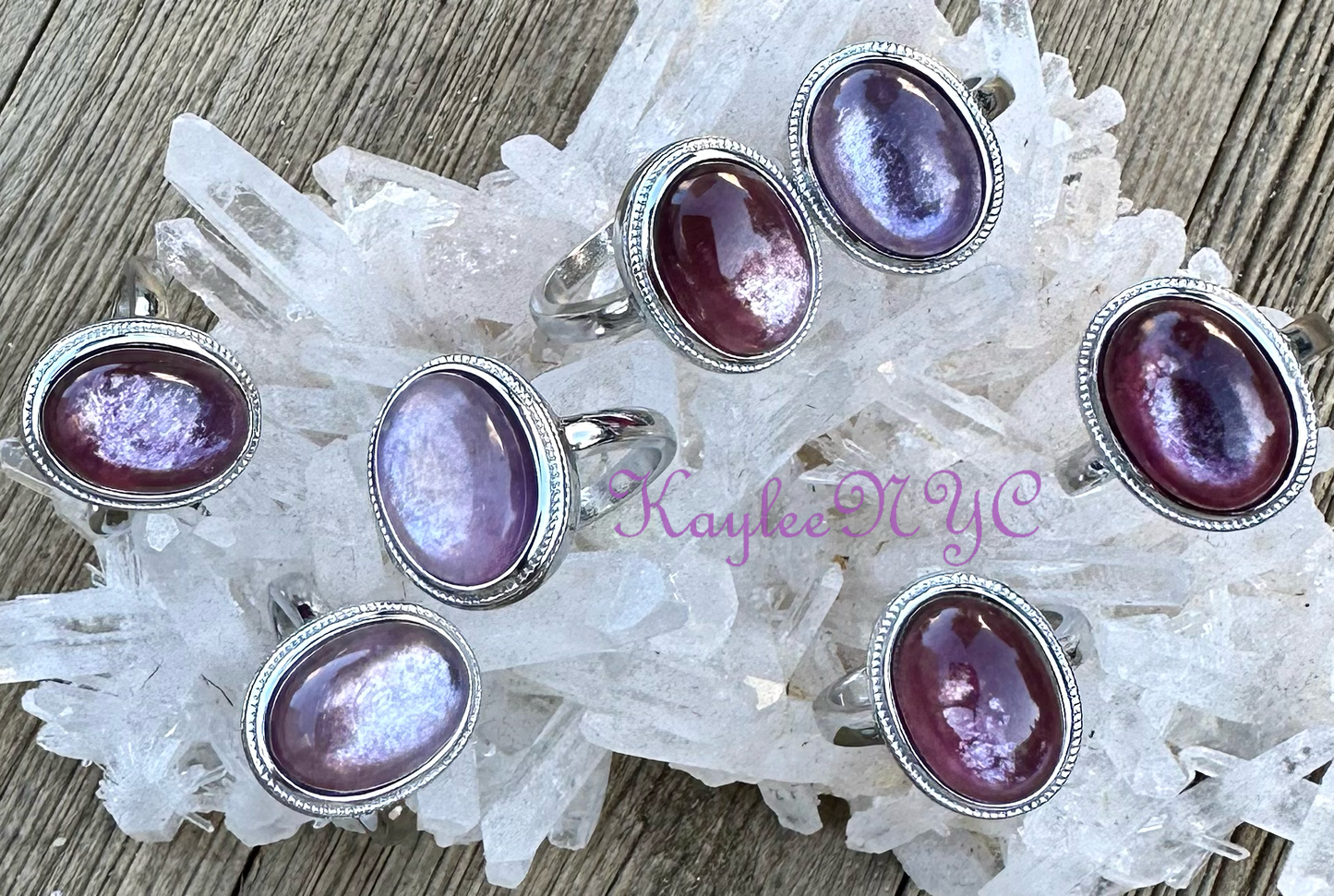 7 PCs Natural Purple Mica Lepidolite White Bronze Ring