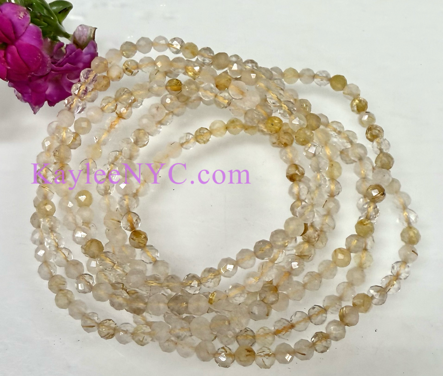 Wholesale Lot 6 Pcs Natural Gold Rutilated Quartz 4mm Faceted 7.5” Crystal Healing Stretch Bracelet