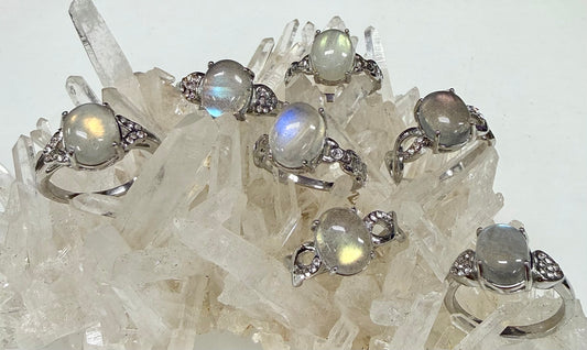 Wholesale Lot 7 pcs Natural Labradorite Stainless Steel Ring (316) 8x10mm