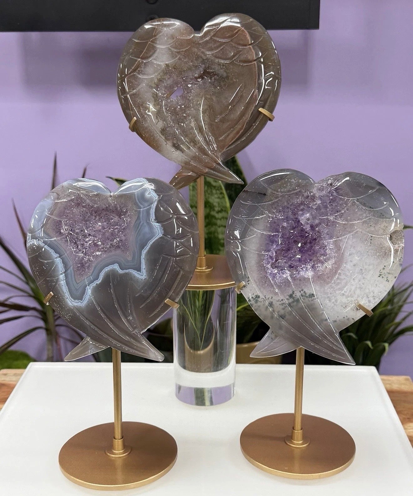 Wholesale Lot 3 Pcs Amethyst Agate Wing Heart Natural Crystal With stand Healing