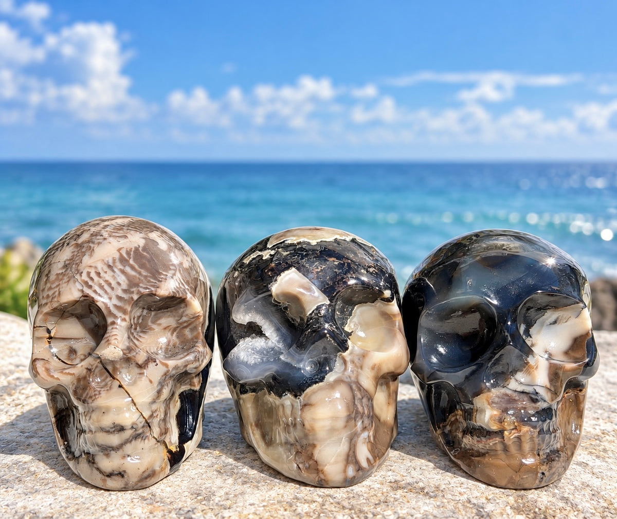 Wholesale lot 3 Pcs Natural Volcano Agate Skull Crystals Healing Energy