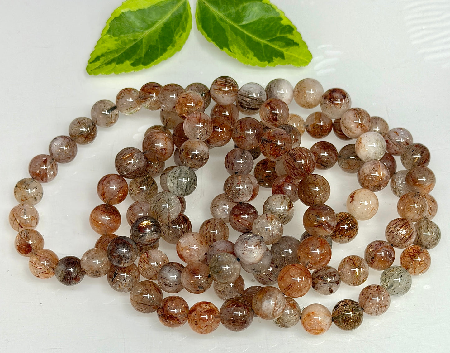 6 PCs 10-11.5mm Natural Rutilated Quartz Crystal Stretch Bracelet 8”