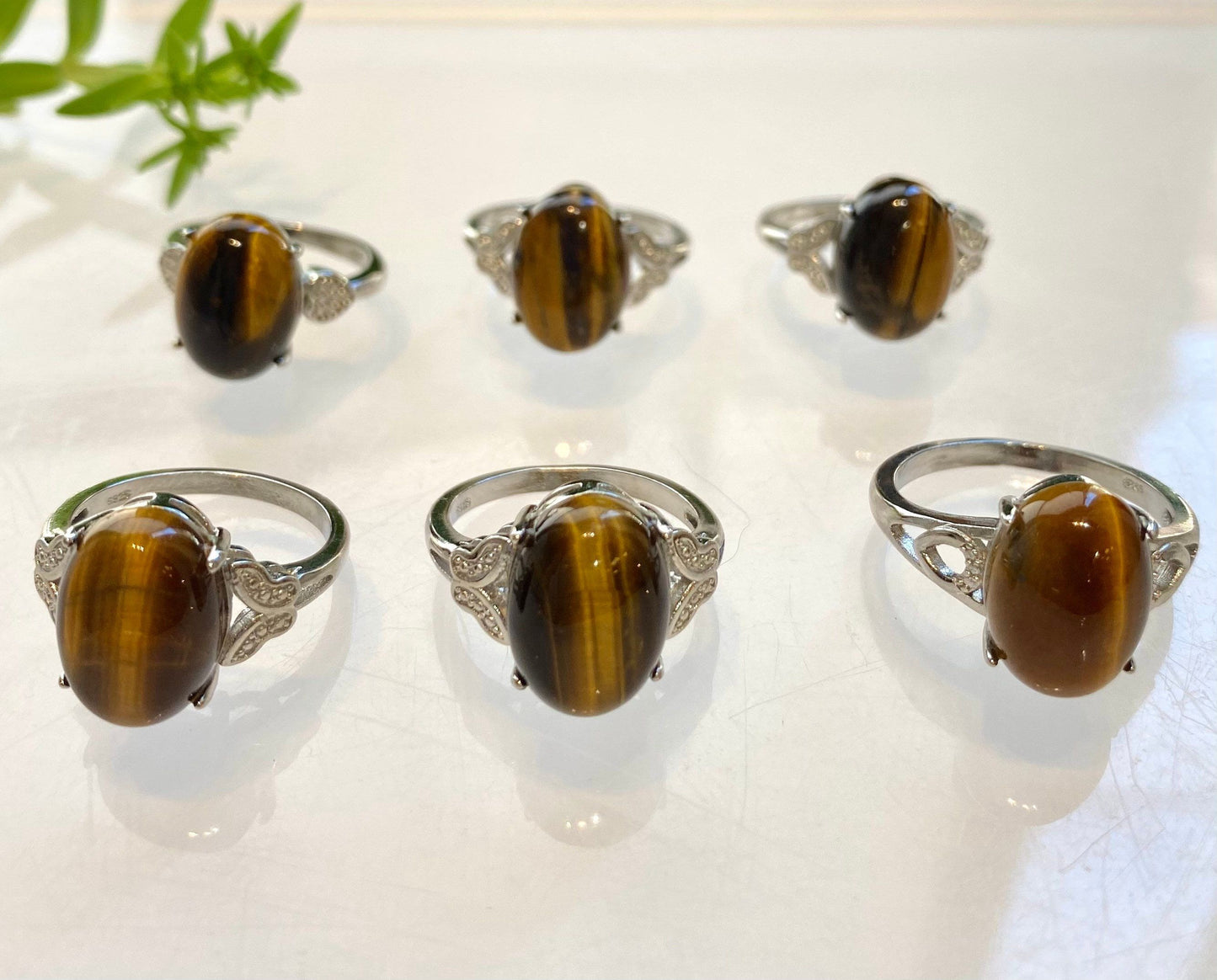 Wholesale Lot 6 pcs Natural Tiger Eye Ring White Bronze