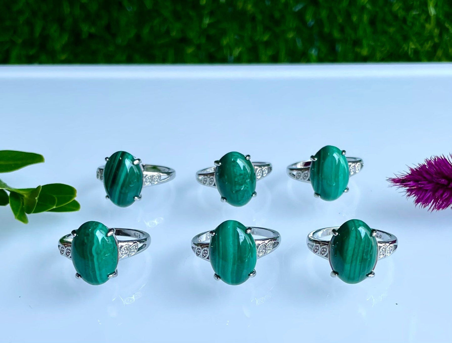 Wholesale Lot 6 pcs Natural Malachite Ring White Bronze