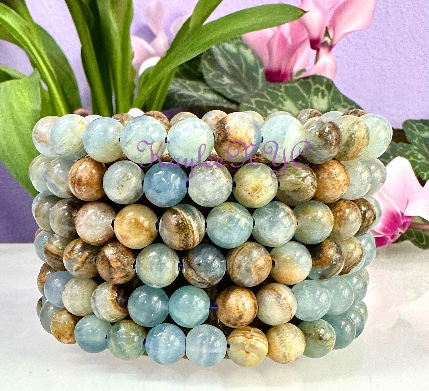 Wholesale 6 Pcs Natural Aquatine Lemurian Calcite 8mm 7.5” Crystal Healing Stretch Bracelet