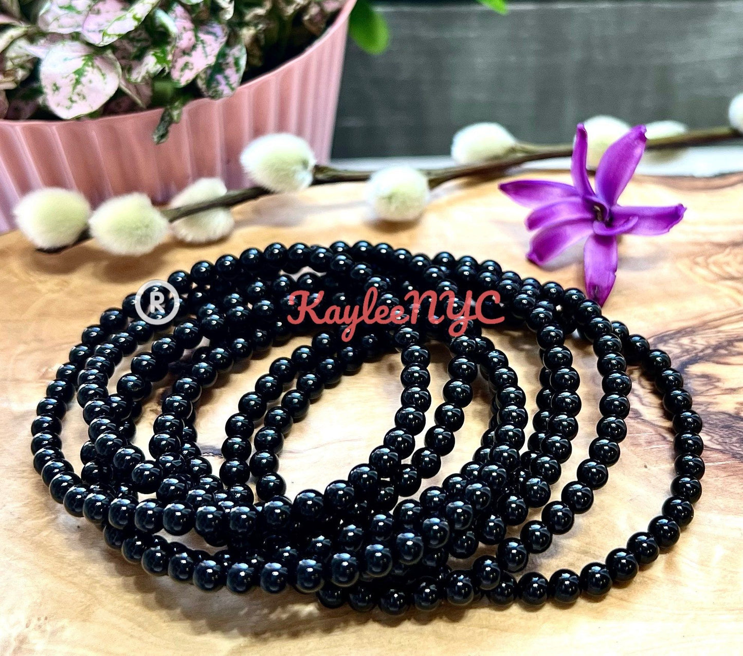 Wholesale Lot 6 Pcs Natural Black Tourmaline 4mm 7.5” Crystal Healing Stretch Bracelet