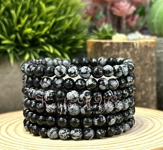 Wholesale 6 Pcs Natural Snowflake Obsidian 6mm 7.5” Crystal Healing Stretch Bracelet