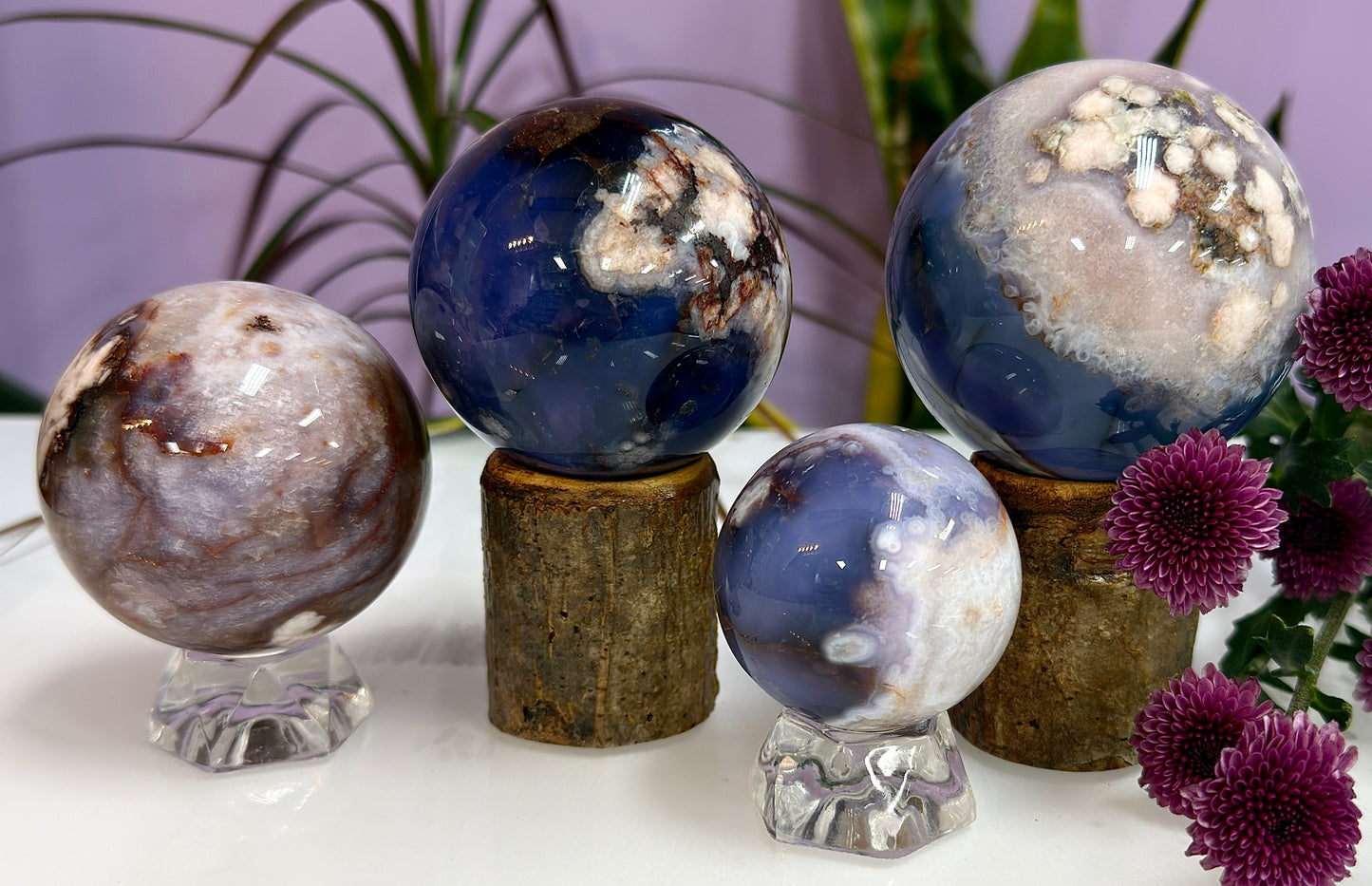 4pcs Blue Flower Agate Sphere Crystal Healing