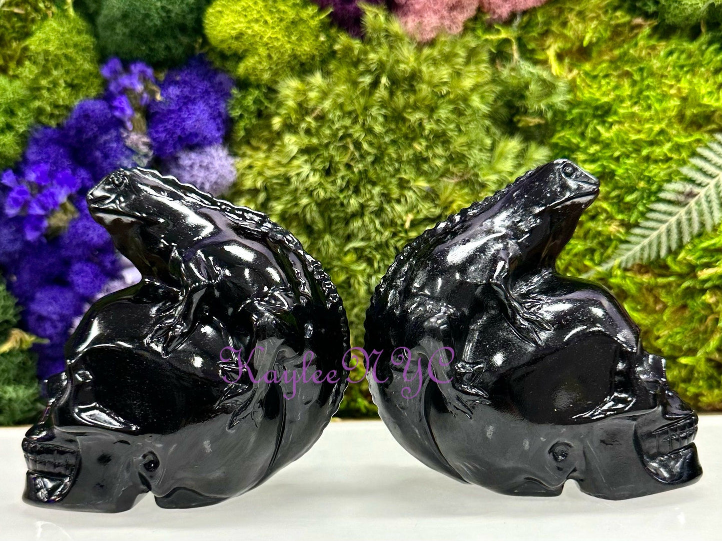 Wholesale lot 2 Pcs Natural Black Obsidian Lizard Skull