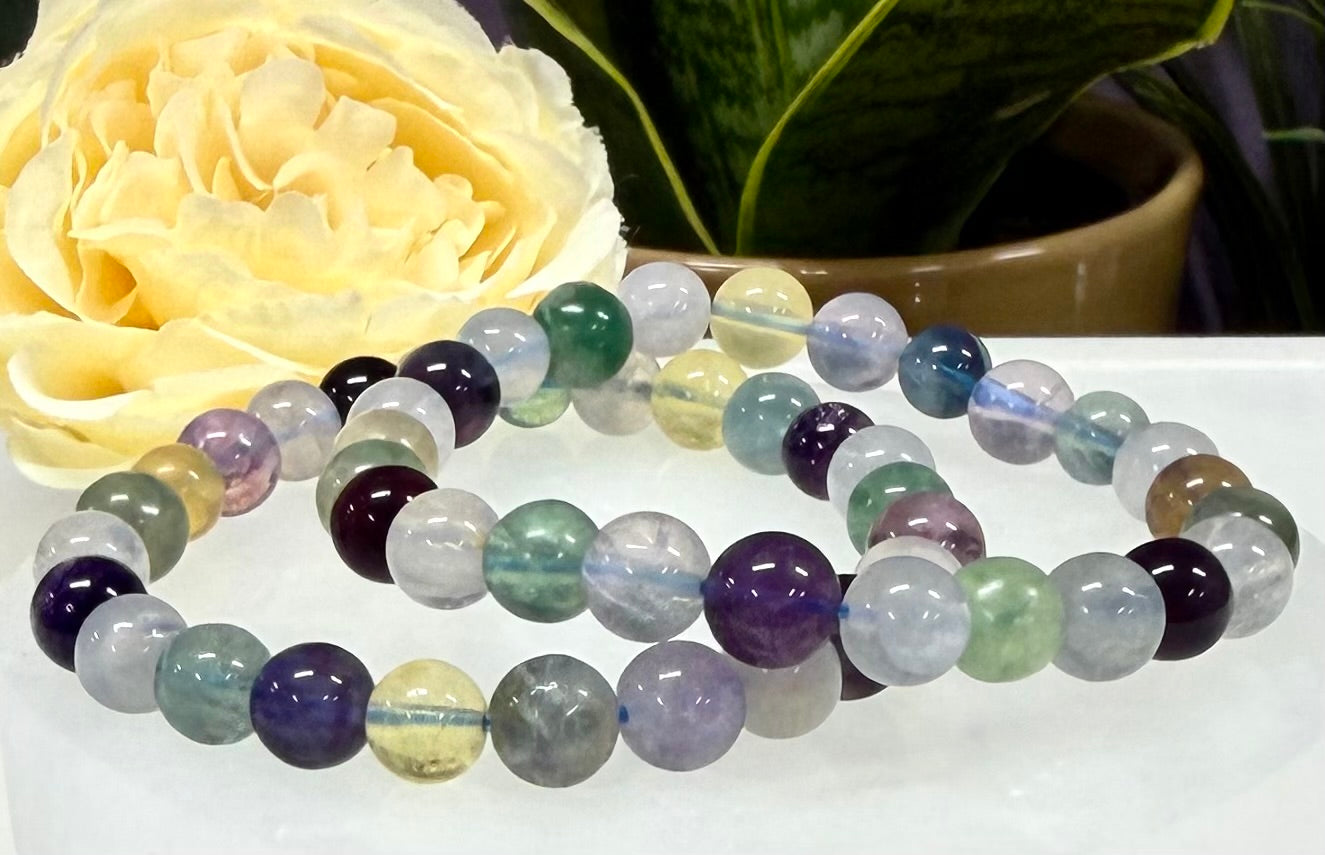 Wholesale 6 Pcs Natural Rainbow Fluorite 8mm 7.5” Crystal Healing Stretch Bracelet