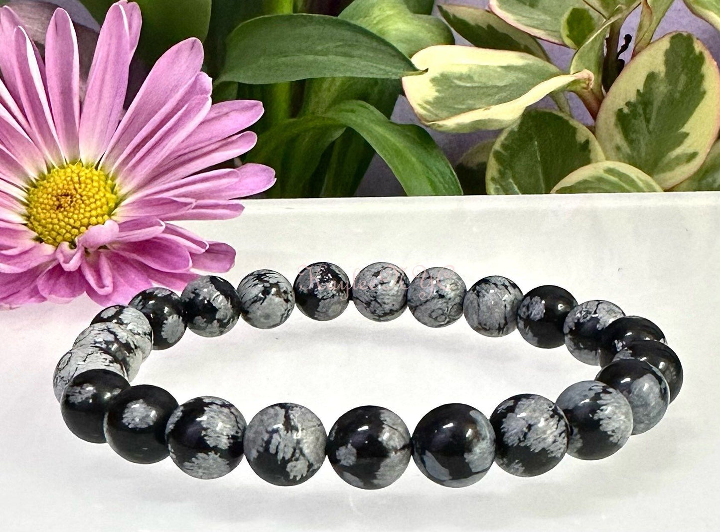 Wholesale Lot 6 Pcs Snowflake Obsidian 8mm 7.5” Crystal Healing Stretch Bracelet