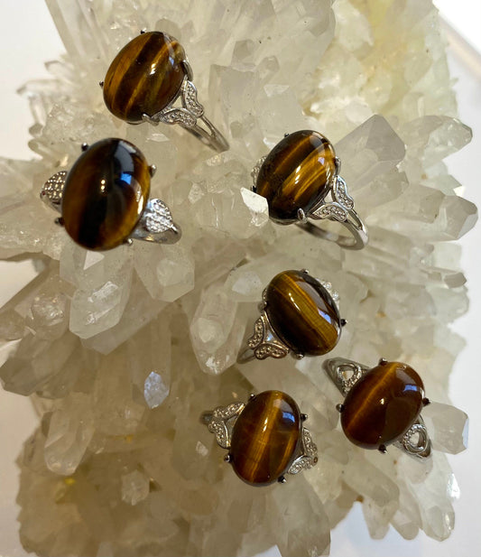 Wholesale Lot 6 pcs Natural Tiger Eye Ring White Bronze