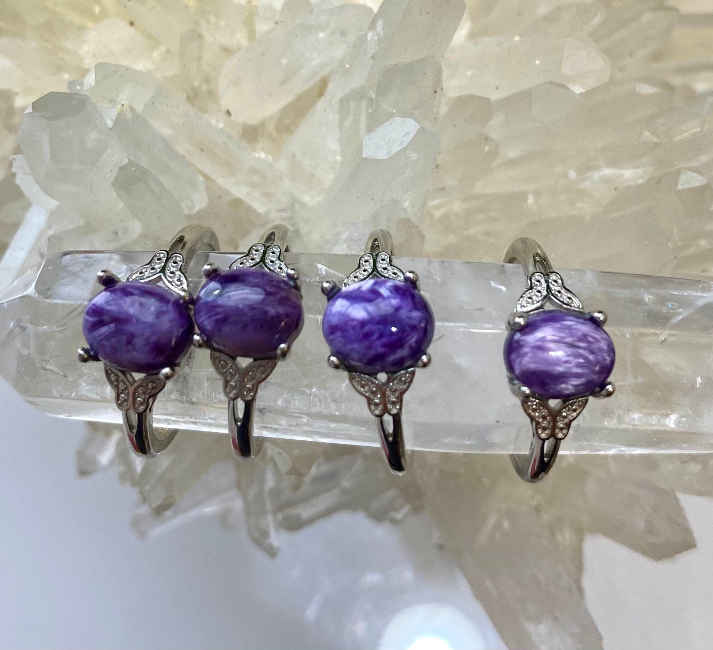 Wholesale Lot 6 pcs Natural Charoite Ring White Bronze