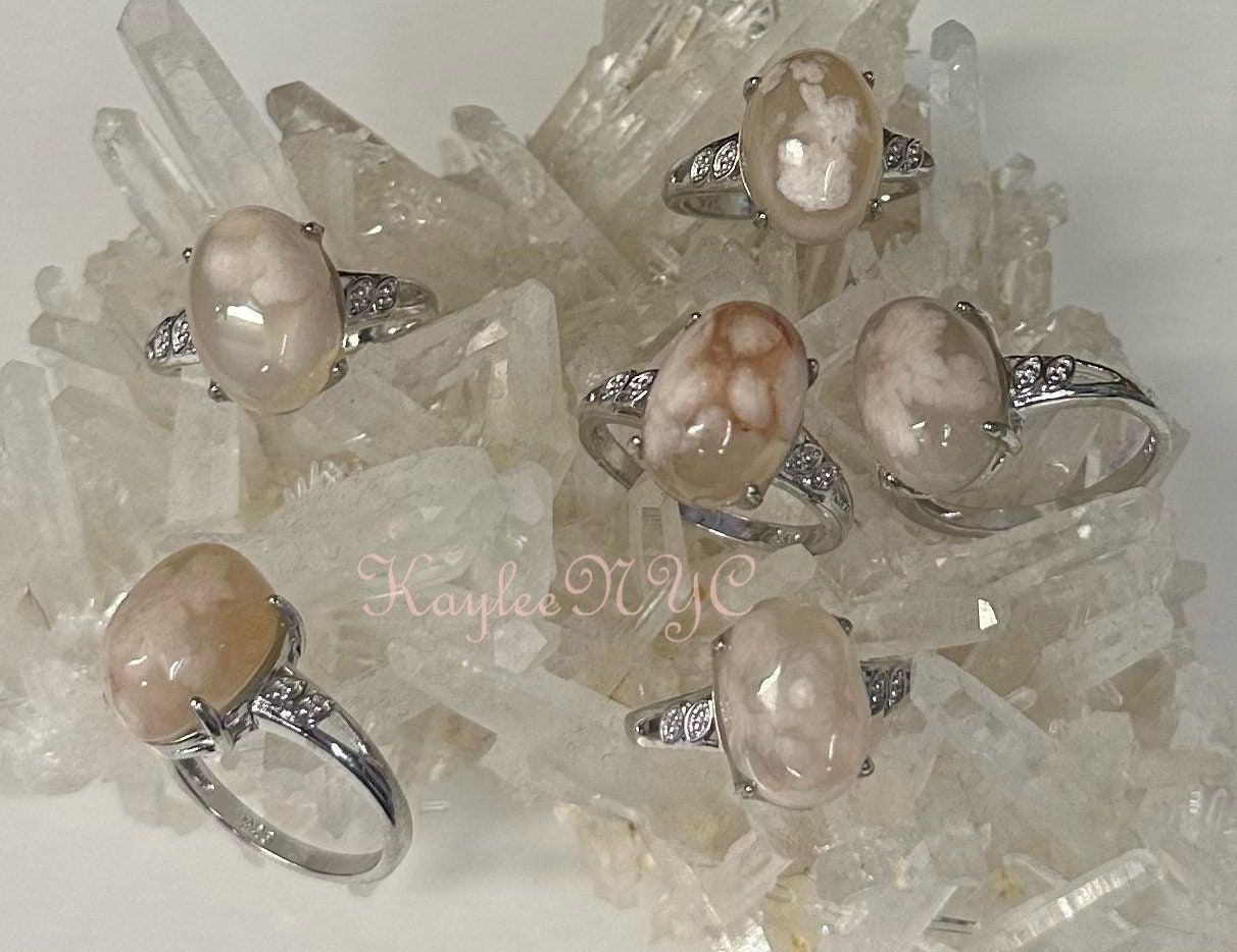 Wholesale Lot 6 pcs Natural Flower Agate Ring White Bronze