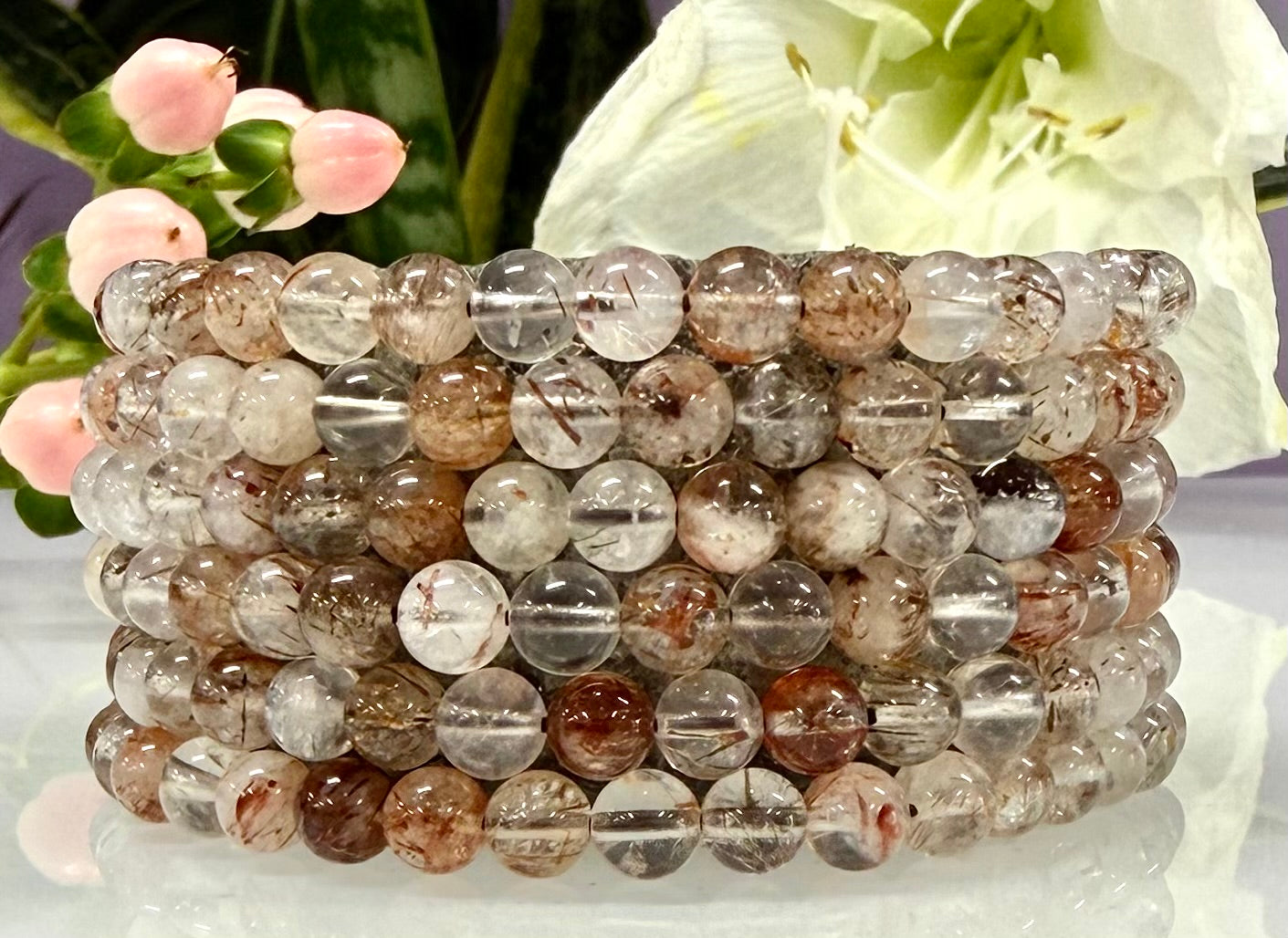 6 PCs 6mm Natural Copper Rutilated Quartz Stretch Bracelet 7.5”