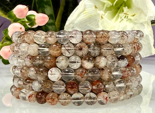 6 PCs 6mm Natural Copper Rutilated Quartz Stretch Bracelet 7.5”