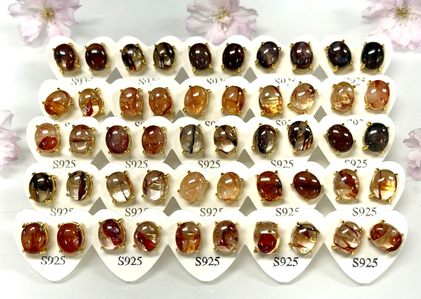Wholesale Lot 5 Pairs Natural Hematiod Fire Quartz Sterling Silver(925) Earring Studs 8x10mm