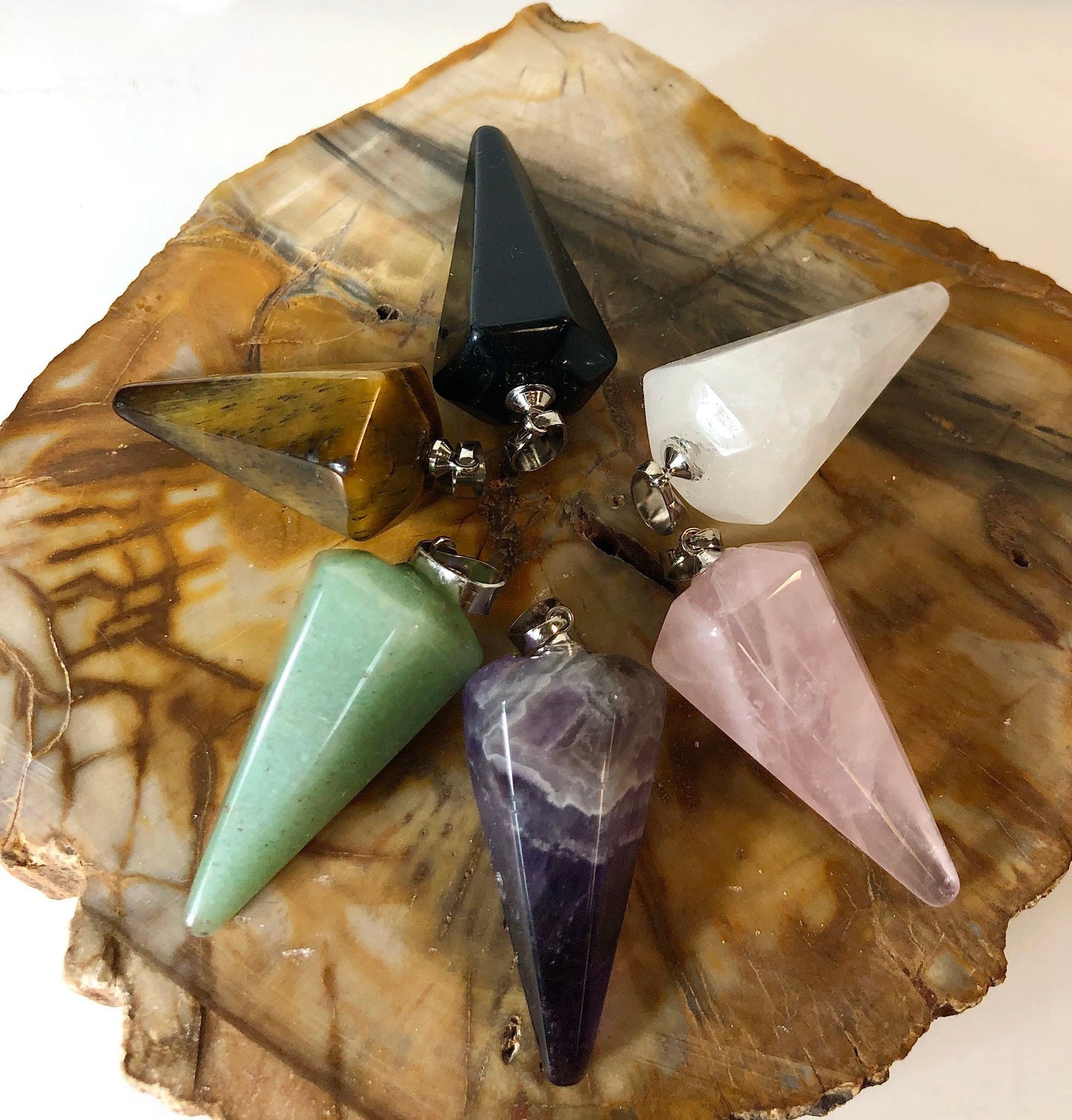 Wholesale Lot 6 Pcs Natural Pendulum Pendant Crystal Amethyst Tiger Eye Rose