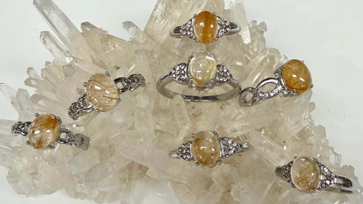 Wholesale Lot 7 pcs Natural Gold Rutilated Quartz Stainless Steel Ring 7x9mm
