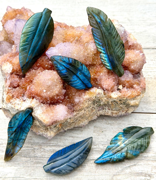 6 PCs Natural Labradorite Leaf Carvings Crystal Healing Energy