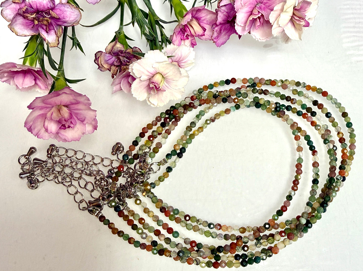 6 PCs 2mm Faceted Indian Moss Agate Necklace Stainless Steel Findings