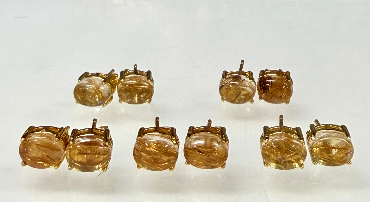 Wholesale Lot 5 Pairs Natural Gold Rutilated Quartz Sterling Silver (925) Posts
