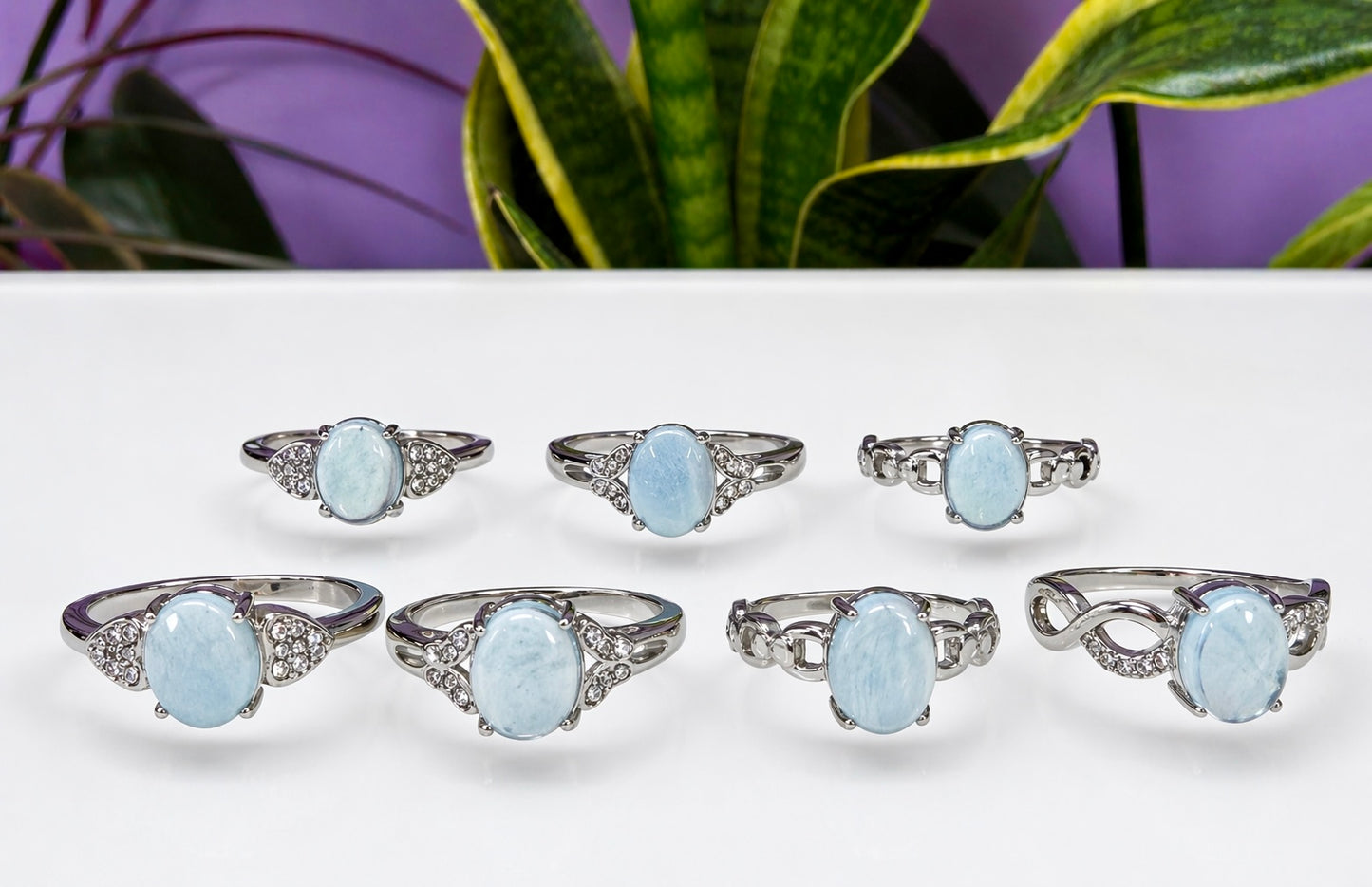 Wholesale Lot 7 pcs Natural Aquamarine Stainless Steel Ring 7x9mm