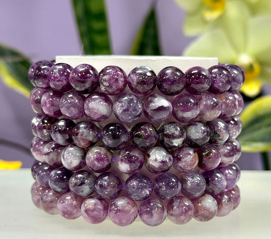 6 PCs Natural Lepidolite Mica 8-9.8mm 7.5” Stretch Bracelet