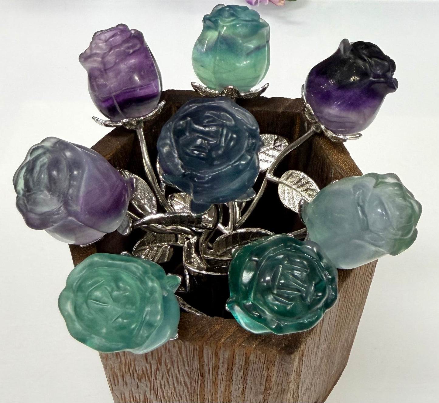12 PCs Fluorite Rose with Rhodium Metal Stem Natural Crystal Healing Energy
