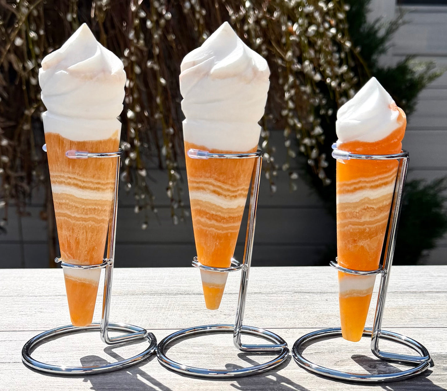 Wholesale Lot 3-4 PCs Orange Calcite Ice Cream Cone with Rhodium Metal stand