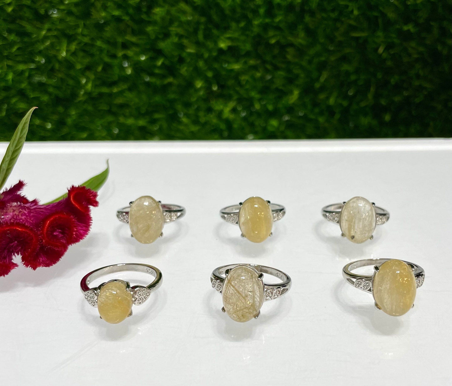 Wholesale Lot 6 pcs Natural Gold Rutilated Quartz Ring White Bronze