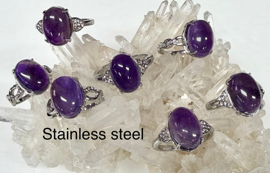 Wholesale Lot 6 pcs Natural Amethyst Stainless Steel Ring 10x14mm