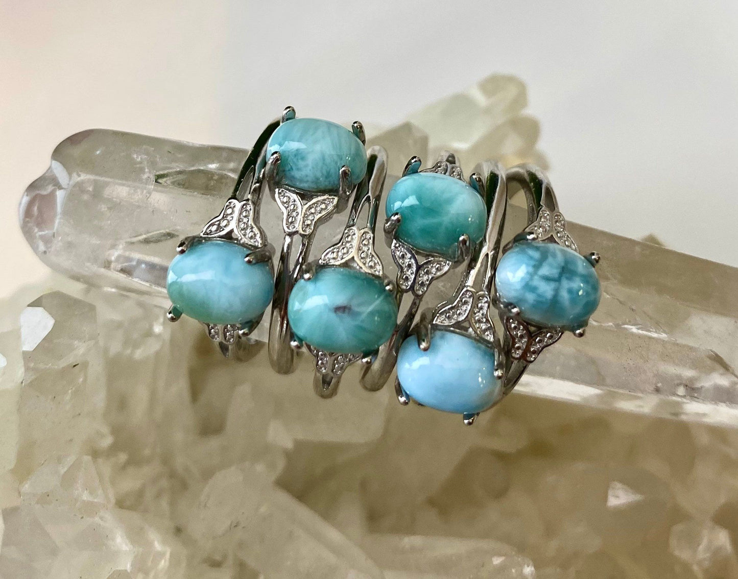 Wholesale Lot 6 pcs Natural Larimar Ring White Bronze