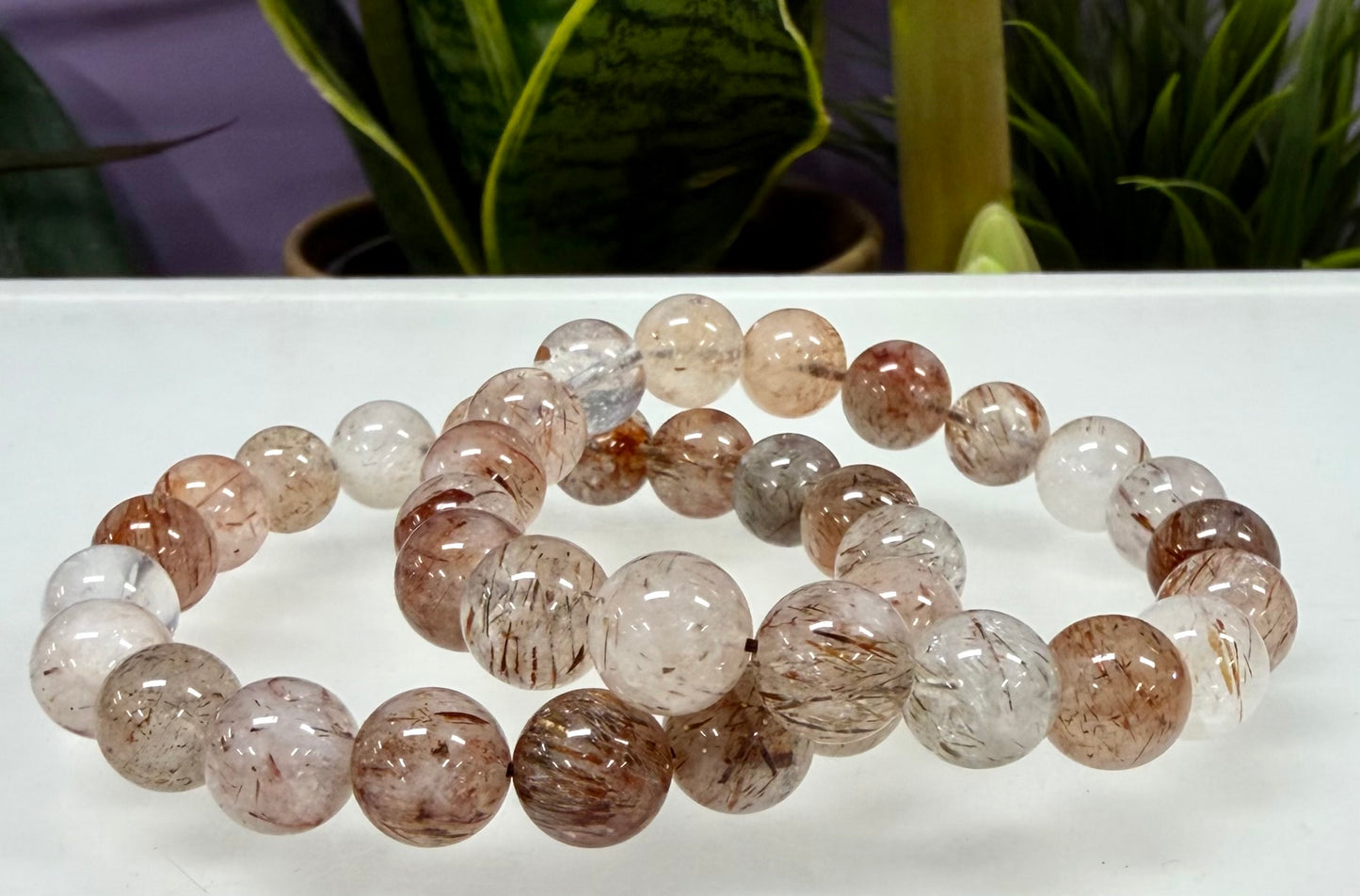 6 PCs 10mm Natural Rutilated Quartz Crystal Stretch Bracelet 8”