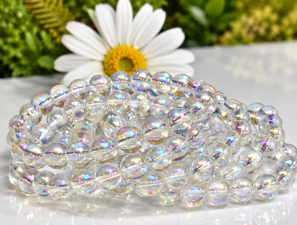 Wholesale 6 Pcs Angel Aura Clear Quartz 8mm 7.5” Crystal Healing Stretch Bracelet
