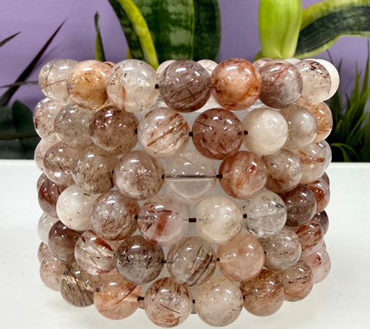 6 PCs 10mm Natural Rutilated Quartz Crystal Stretch Bracelet 8”