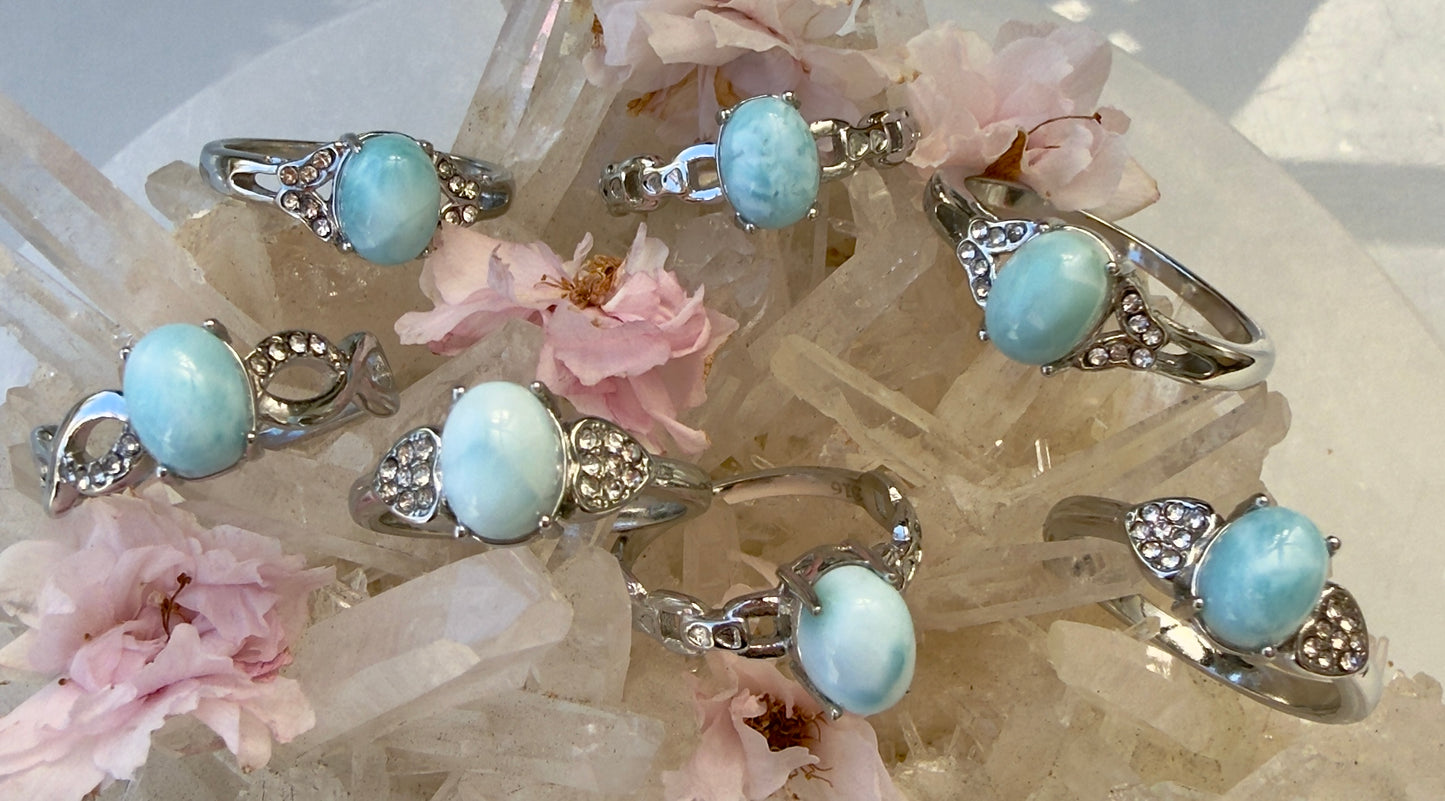 Wholesale Lot 7 pcs Natural Larimar Stainless Steel Ring 6x8mm