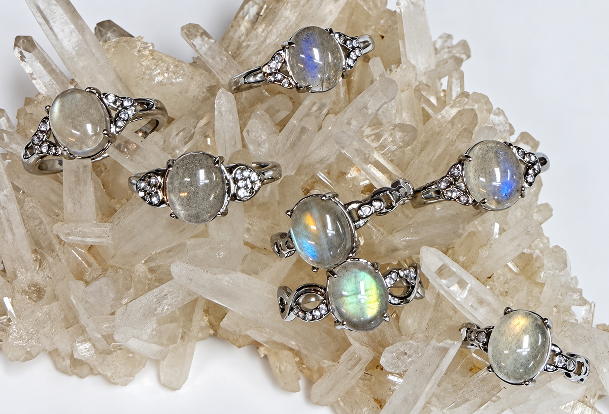 Wholesale Lot 7 pcs Natural Labradorite Stainless Steel Ring (316) 8x10mm