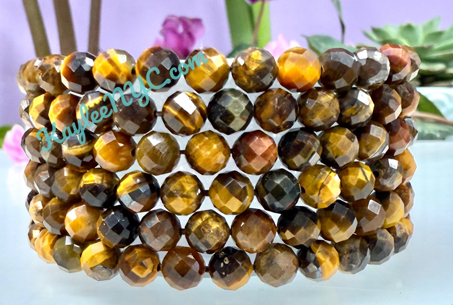 6 PCs Faceted Natural Tiger Eye 6mm 7.5” Stretch Bracelet