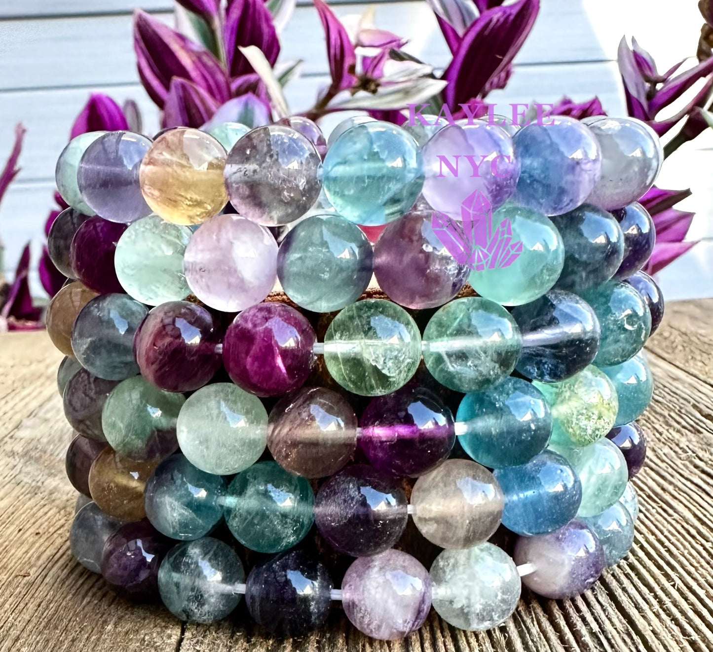 6 PCs 10mm Natural Rainbow Fluorite Stretch Bracelet 7.5”