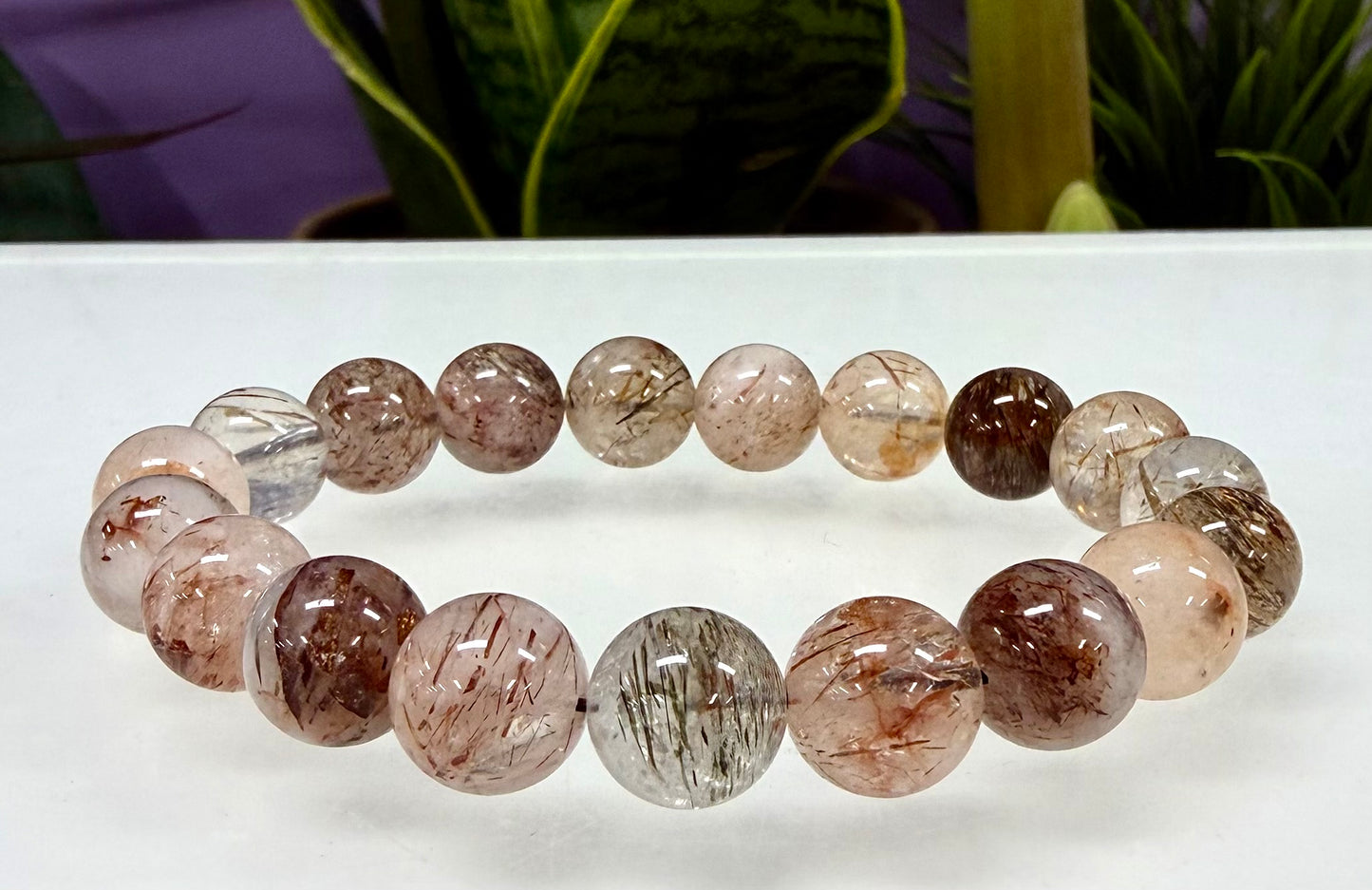 6 PCs 10mm Natural Rutilated Quartz Crystal Stretch Bracelet 8”