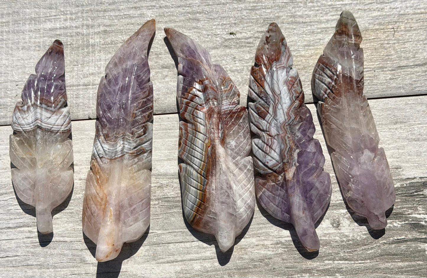 5 PCs Natural Amethyst Lace Agate Feather Carvings Crystal Healing Energy