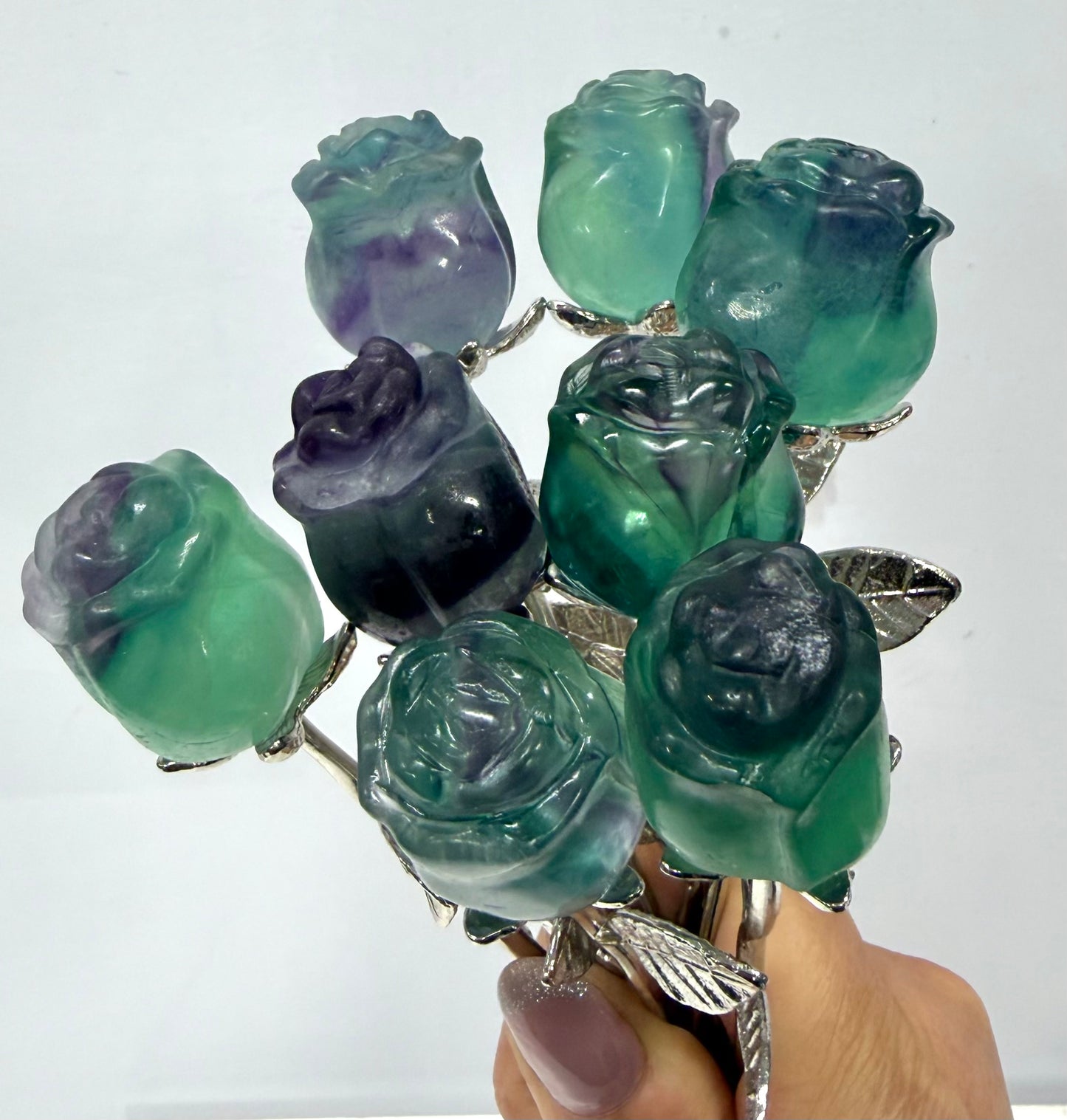 12 PCs Fluorite Rose with Rhodium Metal Stem Natural Crystal Healing Energy