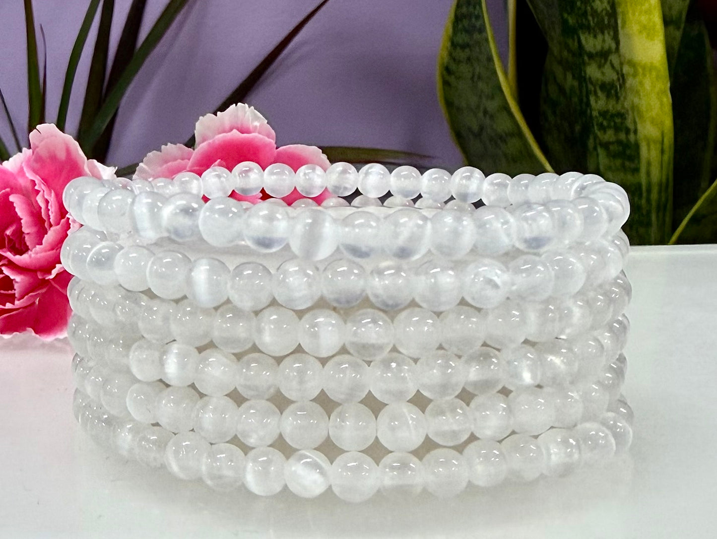 Wholesale 6 Pcs Natural Selenite 4mm 7.5” Crystal Stretch Bracelet