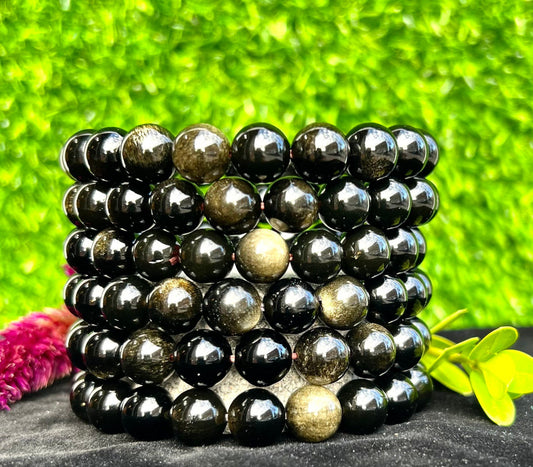 Wholesale Lot 6 Pcs Natural Gold Sheen Obsidian 10mm 7.5” Crystal Healing Stretch Bracelet