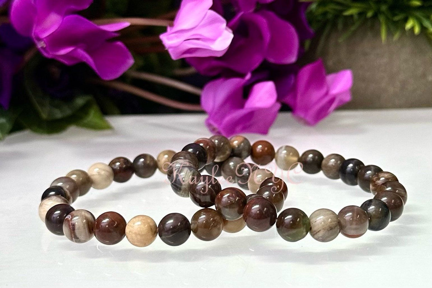 Wholesale 6 Pcs Natural Petrified Wood 8mm 7.5” Crystal Healing Stretch Bracelet